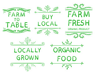 'Farm to table' 'buy local' 'farm fresh' 'locally grown' 'organic food'. Typography elements. VECTOR vignettes on white.