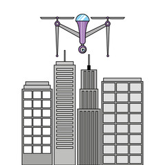 drone with camera flying on city landscape buildings vector illustration