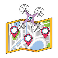 drone flying technology with paper map gps navigation vector illustration