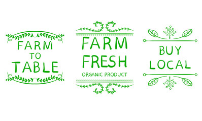 'Farm to table' 'buy local' 'farm fresh'. Typography elements. VECTOR vignettes on white.