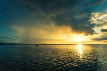Fisherman boat with sunset scene in koh phangan. Horizontal image.