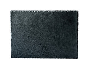 Woman hand holding rectangular rough black slate board isolated on a white background