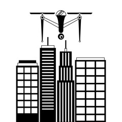 drone with camera flying on city landscape buildings vector illustration