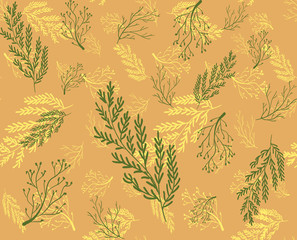 Fototapeta na wymiar Seamless pattern, drawn twigs. VECTOR background, brown and green colors.