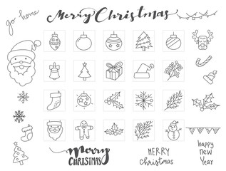 Christmas icons set with Hand drawn font and vector winter element vector illustration.