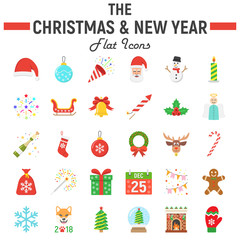 Christmas flat icon set, new year symbols collection, vector sketches, logo illustrations, holiday signs colorful solid pictograms package isolated on white background, eps 10.