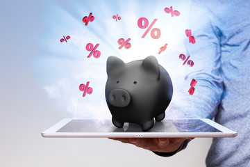 Hand Tablet Piggy Bank Red Percents