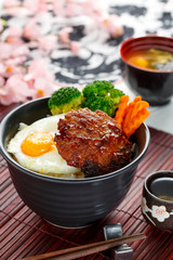 Japanese Food Teriyaki Pork with Fried Egg and Miso Soup