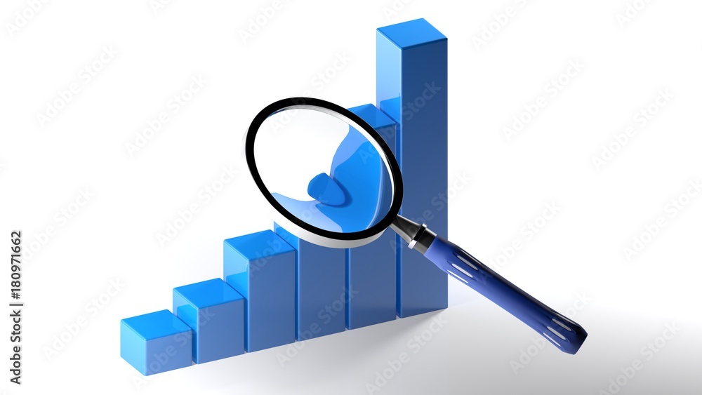 Poster magnifier on up-trend bar chart - 3d rendering