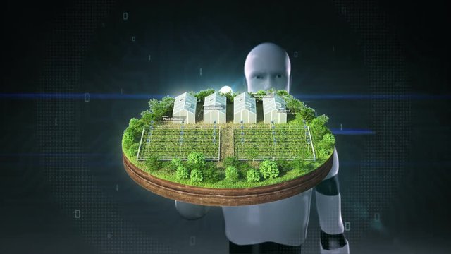 Robot, cyborg open palm, Smart agriculture, smart farm, sensor connect vinyl house, green house on ground. internet of things. 4th Industrial Revolution.1.