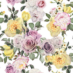 Seamless floral pattern with roses, watercolor.