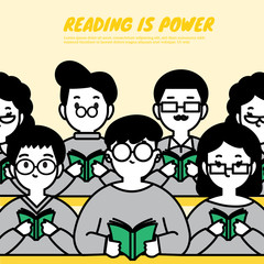 Men and women in glasses reading books, reading is power