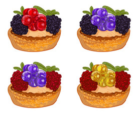 Cakes with berries isolated on white. VECTOR hand drawn illustration. Different colors berries on cakes with cream.