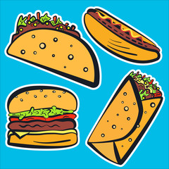 Color fast food with black outline stickers set. Cartoon flat linear fastfood including hamburger, tacos, burrito, hot dog labels for fast food restaurant or cafe menu, advertisement, banners