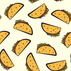 Colorful seamless pattern with cute cartoon mexican taco. Flat pop art tacos texture for fast food textile, wrapping paper, package, cover, restaurant or cafe menu banners
