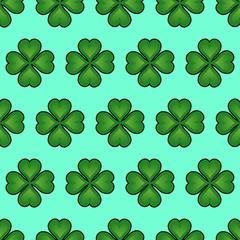 Abstract seamless clover pattern for girls, boys, clothes. Creative vector background with green clover, chaotic print. Funny pattern wallpaper for textile and fabric. Fashion style. Colorful bright