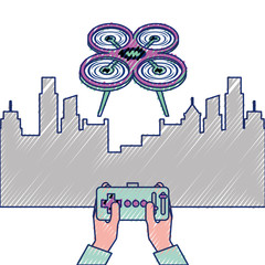 city landscape and people handle remote control with drone vector illustration