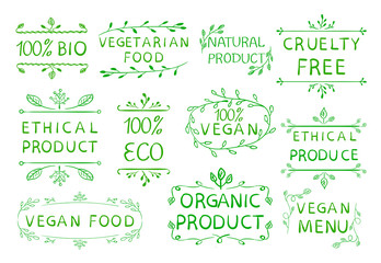 100 vegan ethical product cruetly free. Vintage hand drawn elements. Green lines.
