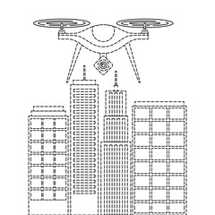 drone with camera flying on city landscape buildings vector illustration