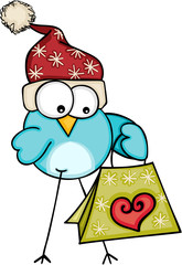 Christmas blue bird with gift bag