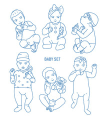 Collection of infant children or babies dressed in various clothes and holding toys and rattles. Set of toddlers in different postures drawn in line art style. Monochrome vector illustration.