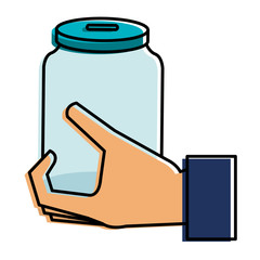 hand with glass jar isolated icon
