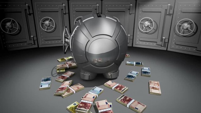 Steel piggy bank with money rotating on dark background. Conceptual 3D render.