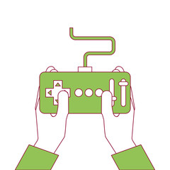 hands holding control remote advance for drones vector illustration