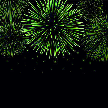 Firework sparkle background card. Beautiful bright fireworks isolated on black background. Light green decoration fireworks for Christmas card, New Year celebration Vector illustration