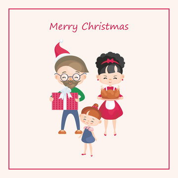 Greeting card with the image of the happy family celebrating Christmas. Vector illustration in cartoon style.