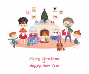 Greeting card with the image of the happy family celebrating Christmas. Vector illustration in cartoon style.