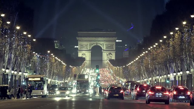 Christmas in Paris. Avenue des Champs-Elysees with Christmas lighting leading up to the Arc de Triomphe in Paris, France