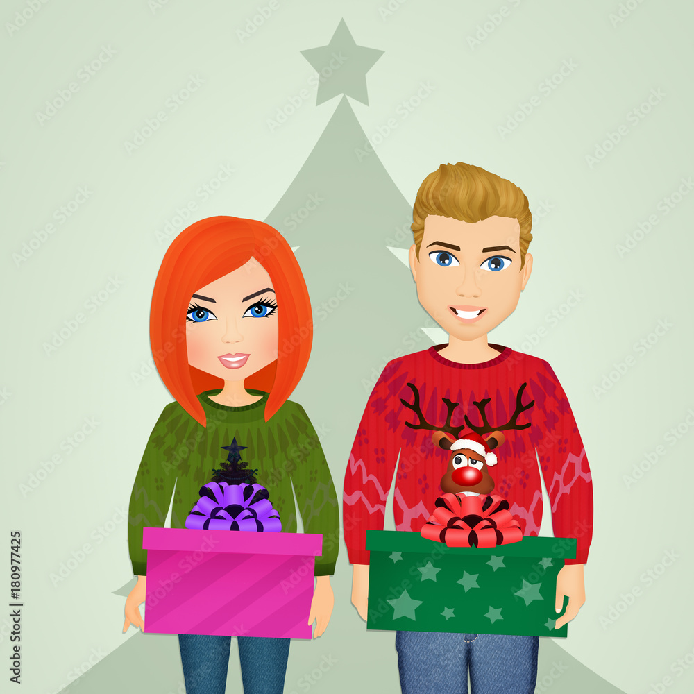 Sticker couple with christmas gifts