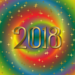 2018 New Year greeting card template on colorful blended background with glittering stars.