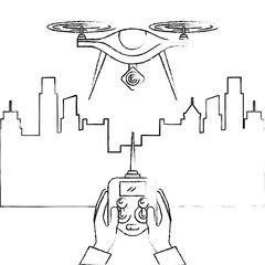 city landscape and people handle remote control with drone vector illustration