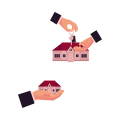 Fototapeta na wymiar vector flat man hand in suit gives key to another hand on the background of new private house home, hand holding house in palm icon set. Property sale or rent Isolated illustration on white background