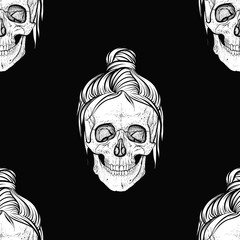 Girl's skulls. Fashionable hairstyles. Hanging curls. Seamless pattern