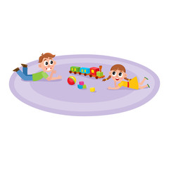 vector flat boy and girl lying at carpet with train, cubics toys and ball smiling at preschool class . Isolated illustration on a white background. Kindergarten concept