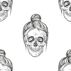 Girl's skulls. Fashionable hairstyles. Hanging curls. Seamless pattern