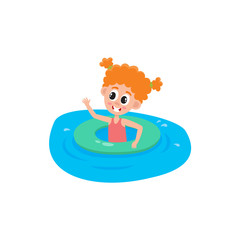 Funny little girl with two ponytails swimming in pool, river with inflatable ring, cartoon vector illustration on white background. Cute, pretty cartoon girl with swimming with inflatable ring