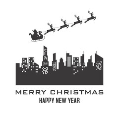 Obraz premium santa claus reindeer sleigh over city. christmas card