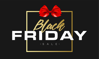 Black Friday Sale Gold Banner Luxury Black Background and Red Ribbon Bow with Grainy Sparkle Confetti. Advertising Golden Poster Template for black friday. Vector illustration