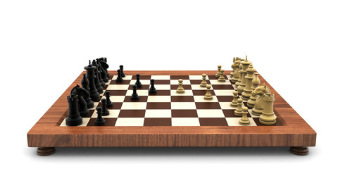 3d rendered Chess battle on wood board isolated on white background