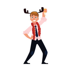 Happy man in reindeer horns having fun at corporate Christmas party, cartoon vector illustration isolated on white background. Man in reindeer horns celebrating Christmas, holding glass of champagne