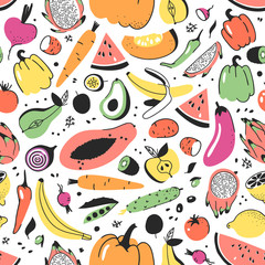 Hand drawn seamless pattern with fruits and vegetables. Vector artistic illustration food. Vegan drawing papaya, pumpkin, cucumber, beetroot, tomato, potato, pepper, carrot, banana, pear, apple