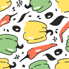 Hand drawn seamless pattern with vegetable. Vector artistic drawing food. Summer illustration with pepper
