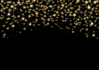 Gold star confetti celebration isolated on black background. Falling stars golden abstract pattern decoration. Glitter confetti Christmas card, New Year. Shiny sparkles Vector illustration