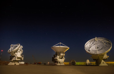 ALMA, base station of the worldwide biggest telescope Array at night, Chile