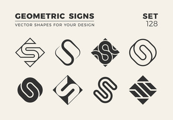 Set of eight minimalistic trendy shapes. Stylish vector logo emblems for Your design. Simple geometric signs collection. - obrazy, fototapety, plakaty