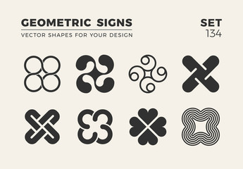 Set of eight minimalistic trendy shapes. Stylish vector logo emblems for Your design. Simple geometric signs collection.